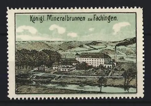 Reklamemarke Fachingen, Königlich Fachingen, Mineralwasser, Landschaft mit Fabrikgebäude