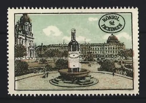 Reklamemarke Königlich Fachingen, Mineralwasser, Wasserflasche vor historischem Gebäude