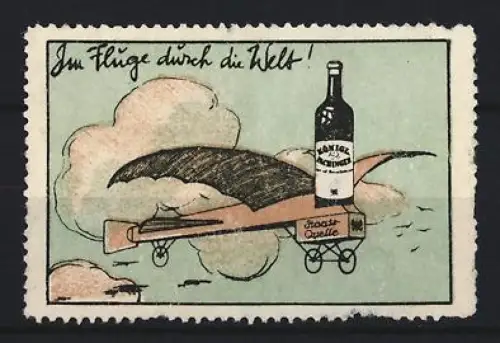 Reklamemarke Königlich Fachingen, Mineralwasser aus der Staase-Quelle, Flasche auf einem Flugzeug