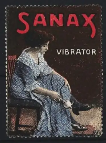 Reklamemarke Sanax Vibrator, Handmassagegerät, Frau im blauen Kleid