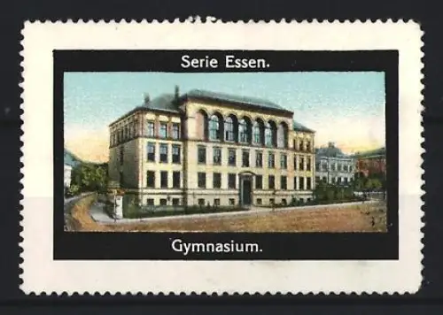 Reklamemarke Essen, Gymnasium in der Aussenansicht mit Grünanlage