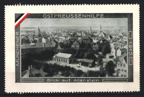 Reklamemarke Allenstein, Münchener Ostpreussenhilfe 1915, Blick auf den Ort