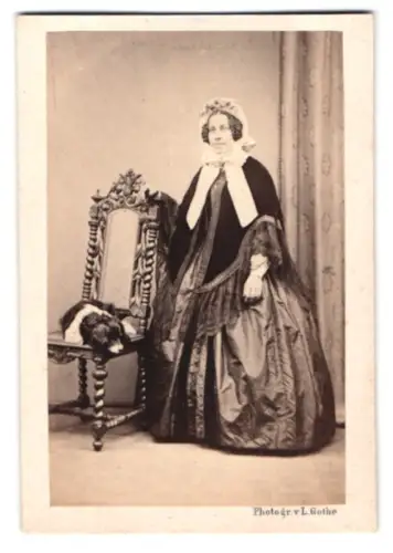 Fotografie Louis Gothe, Magdeburg, Apfel-Strasse 9, Dame in elegantem Kleid neben Hund auf Stuhl