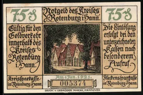 Notgeld Rotenburg i. Hann. 1921, 75 Pfennig, Fachwerkhäuser und Maurer bei der Arbeit
