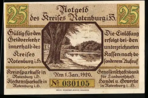 Notgeld Rotenburg i. H. 1920, 25 Pfennig, Landschaft mit Baum und Fluss, Wappen mit Schloss und Eichenlaub