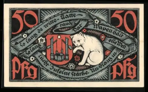 Notgeld Bad Salzuflen 1921, 50 Pfennig, Stadtwappen mit weisser Katze und Porträt von Eduard Hoffmann