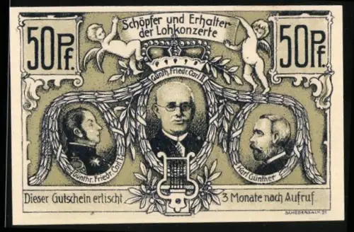 Notgeld Sondershausen 1921, 50 Pf, Porträts, Putten, Konzerthalle im Loh, Carl Schroeder