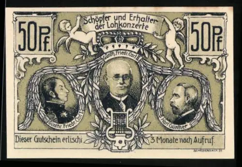 Notgeld Sondershausen 1921, 50 Pf, Porträts von Musikern und Konzerthalle im Loh