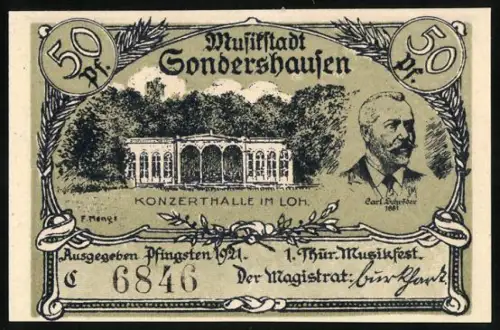 Notgeld Sondershausen 1921, 50 Pf, Konzerthalle im Loh und Porträts von Musikern