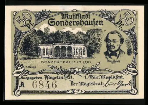 Notgeld Sondershausen 1921, 50 Pf, Konzerthalle im Loh, Porträts und Engel mit Lyra