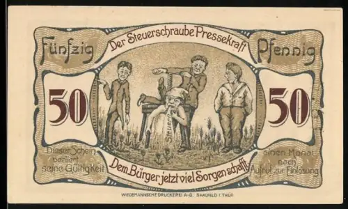 Notgeld Saalfeld a. Saale 1921, 50 Pfennig, Rathaus und satirische Steuerkarikatur