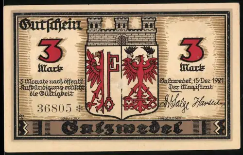 Notgeld Salzwedel 1921, 3 Mark, Ortsansicht und Wappen mit rotem Adler