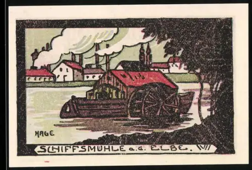 Notgeld Schönebeck a. d. E., 50 Pf, Schiffsmühle und Ortsansicht mit Kelch und Gebäude