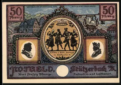 Notgeld Stützerbach 1921, 50 Pfennig, Goethe und Karl August, Jagdschloss und Landschaftsansicht