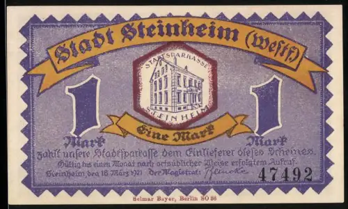 Notgeld Steinheim /Westf. 1921, 1 Mark, Stadtsparkasse und Gebäude mit Landschaftsmotiv