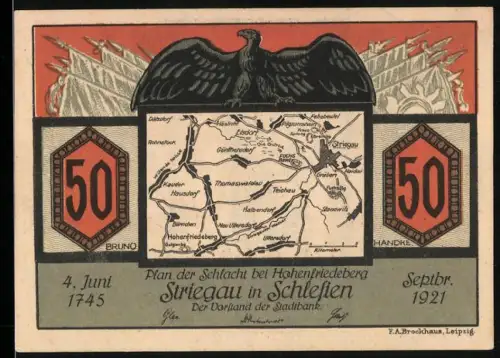 Notgeld Striegau i. Schlesien 1921, 50 Pfennig, Schlachtplan und Soldat mit Adler
