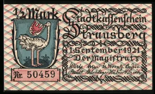 Notgeld Strausberg 1921, ½ Mark, Stadtwappen mit Strauss, Belagerungsszene von 1402