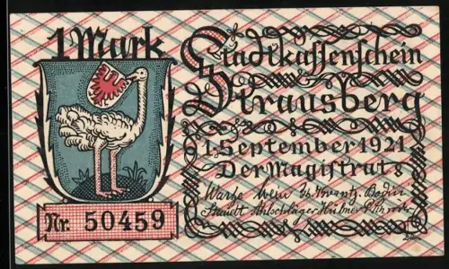 Notgeld Strausberg 1921, 1 Mark, Wappen mit Strauss und Bootsfahrt auf dem Straussee
