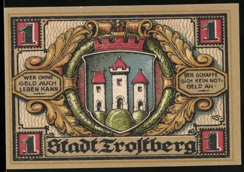 Notgeld Trostberg, 1 Mark, Burgtor und Stadtszene mit Turm und Gebäuden