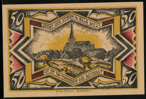 Notgeld Twistringen 1921, 50 Pfennig, Landschaft mit Kirche im Sonnenuntergang