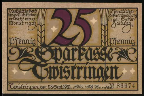 Notgeld Twistringen 1921, 25 Pfennig, Erntearbeiter vor Windmühle und Kirche