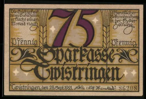 Notgeld Twistringen 1921, 75 Pfennig, Schwein, Frau und Glocken mit Inschrift