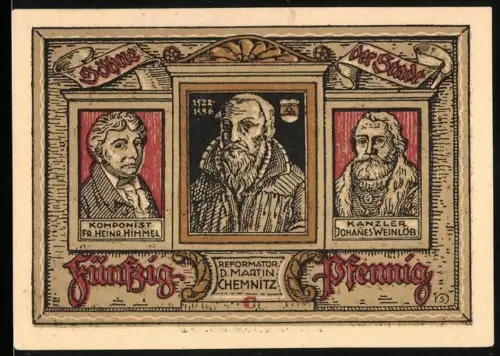 Notgeld Treuenbrietzen 1921, 50 Pfennig, Porträts von Komponist, Reformator und Kanzler, Stadttor und Turm