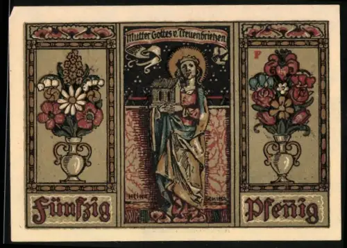 Notgeld Treuenbrietzen 1921, 50 Pfennig, Madonna mit Haus und Stadtwappen mit Turm und Tor