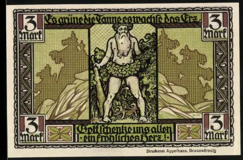 Notgeld Thale i. Harz 1921, 3 Mark, Waldgeist und Wappen mit Hammermotiv