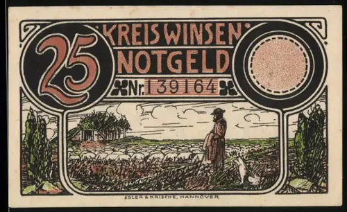 Notgeld Winsen 1921, 25 Pfennig, Schäfer mit Herde und Pferde auf der Weide