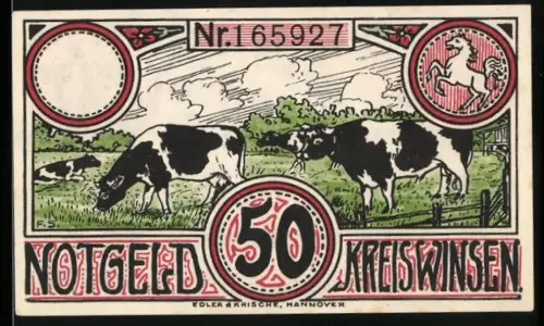 Notgeld Winsen 1921, 50 Pfennig, Kühe auf der Weide und das Schloss zu Winsen