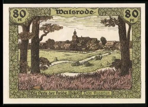 Notgeld Walsrode 1921, 80 Pfennig, Klosterlandschaft und Karte der Lüneburger Heide mit Reiter und Hermann Löns