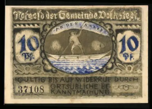 Notgeld Volkstedt 1921, 10 Pfennig, Mann mit Korb und Wappen mit Sternen und Getreide