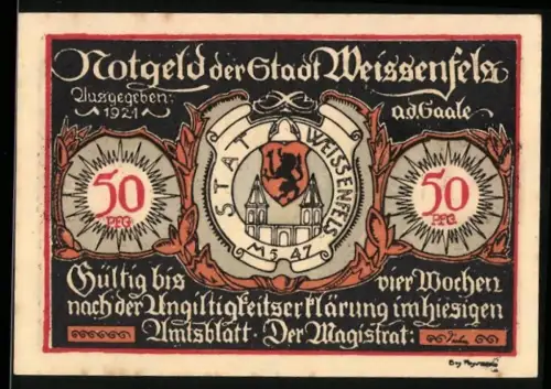 Notgeld Weissenfels a.d. Saale 1921, 50 Pfennig, Wappen und arbeitende Personen in Gasthaus