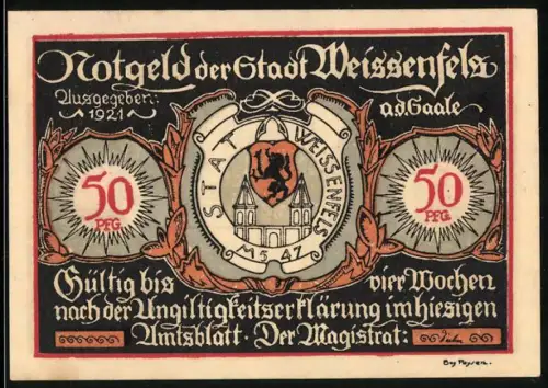 Notgeld Weissenfels a.d. Saale 1921, 50 Pfennig, Wappen und Küchenmotiv mit Herrenschuh und Damenschuh