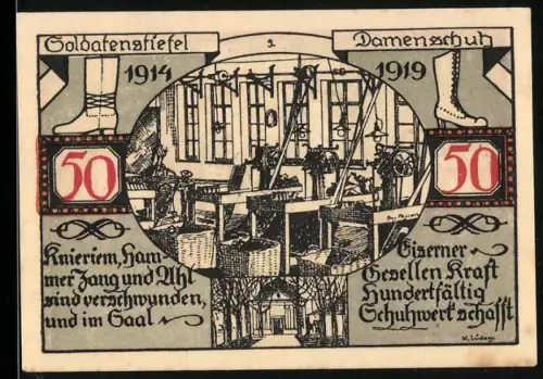 Notgeld Weissenfels a.d. Saale 1921, 50 Pfennig, Schuhproduktion und Stadtwappen