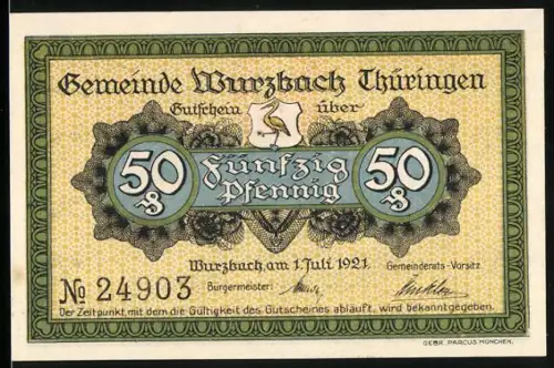 Notgeld Wurzbach /Thüringen 1921, 50 Pfennig, Schieferbruch mit Landschaft und Bergwerksymbolen