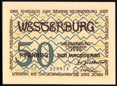 Notgeld Westerburg 1920, 50 Pfennig, Burgenansicht mit zwei Wappen und Ornamenten