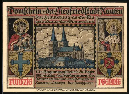 Notgeld Xanten 1921, 50 Pfennig, Domansicht und Reiterkampf-Silhouette