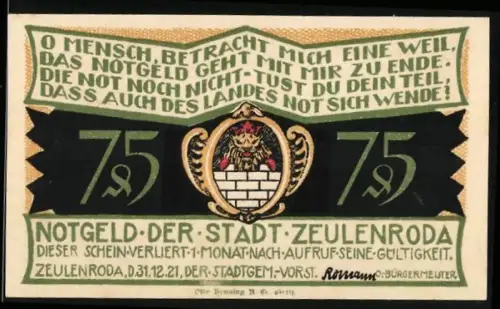 Notgeld Zeulenroda 1921, 75 Pfennig, Zunftkampf und Stadtwappen mit Löwe