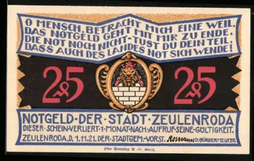 Notgeld Zeulenroda 1921, 25 Pfennig, Stadtspruch und Brückenlandschaft