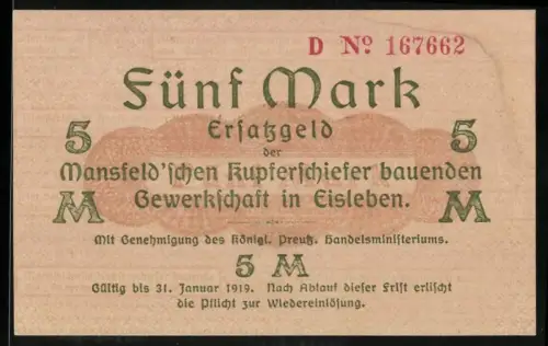 Notgeld Eisleben 1919, 5 Mark, Textgestaltung mit Hinweis auf Wiedererlangungsverpflichtung