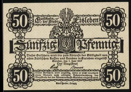 Notgeld Eisleben 1917, 50 Pfennig, Stadtwappen und dekoratives Muster