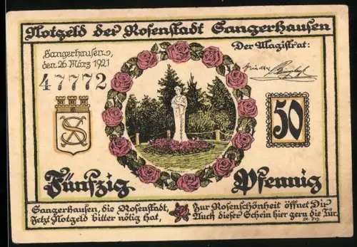 Notgeld Sangerhausen 1921, 50 Pfennig, Statue im Rosengarten und Ortsansicht mit Brunnen und Turm