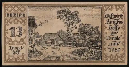 Notgeld Tempelhof 1921, 50 Pfennig, ländliche Szene mit Bäumen und Wagenrad, Bär als Wappen