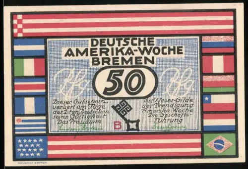 Notgeld Bremen 1923, 50 Pfennig, Deutsche Amerika-Woche mit Rio de Janeiro und internationalen Flaggen