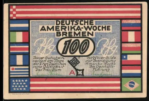 Notgeld Bremen 1923, 100 Pfennig, Deutsche Amerika-Woche mit Bremer Rathaus und Länderflaggen