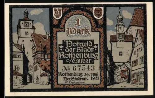 Notgeld Rothenburg /Tauber 1921, 1 Mark, Ortsansicht und religiöse Szene mit Spruchband