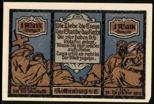 Notgeld Rothenburg /Tauber 1921, 1 Mark, Mönche und historische Gebäude