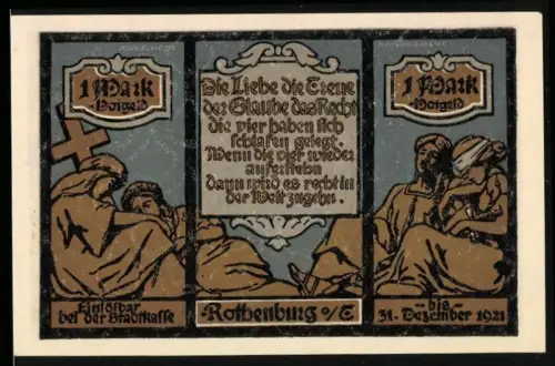 Notgeld Rothenburg /Tauber 1921, 1 Mark, Ortsansicht und schlafende Figuren mit Spruchband